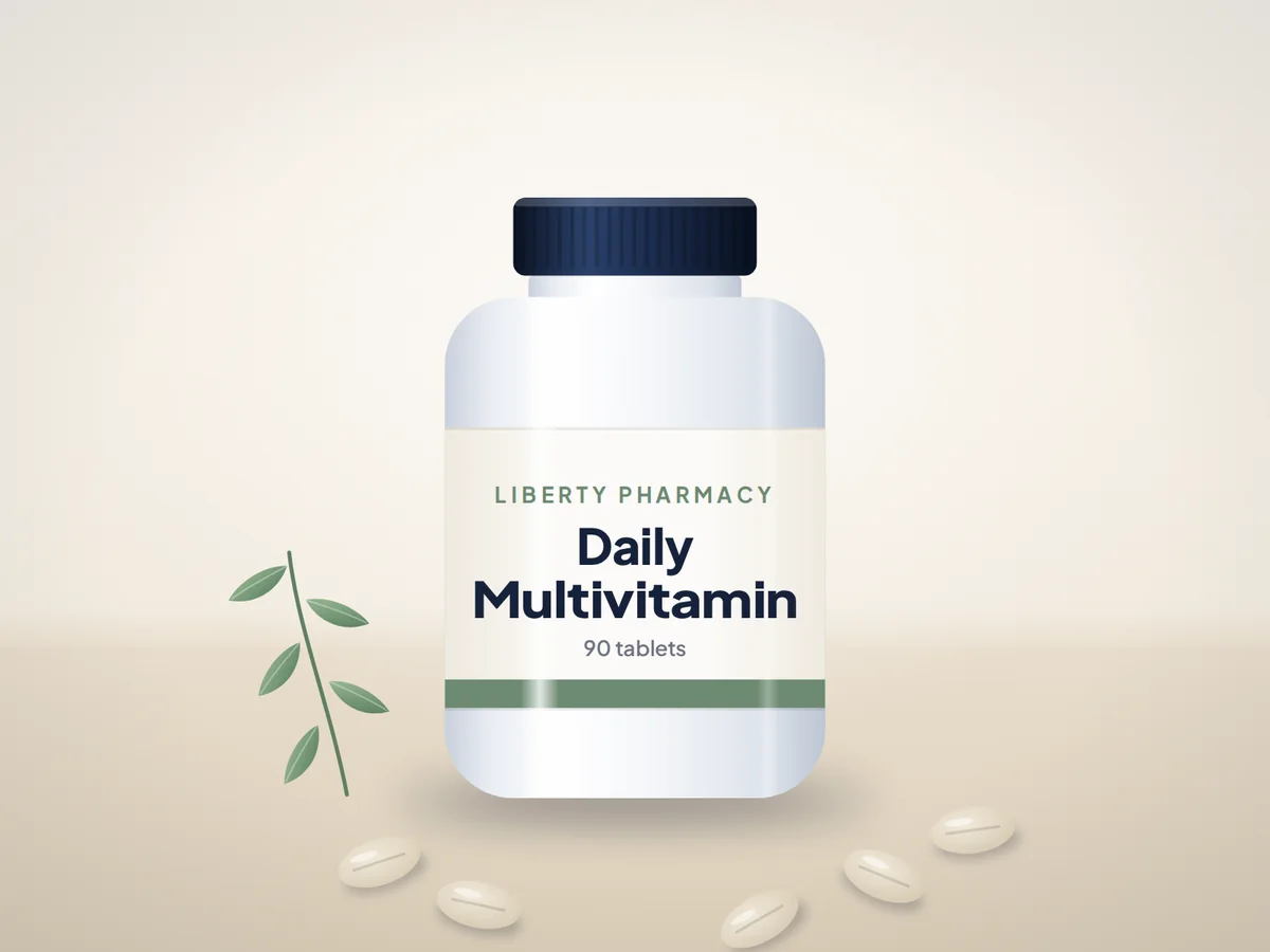 Liberty Pharmacy daily multivitamin bottle with tablets